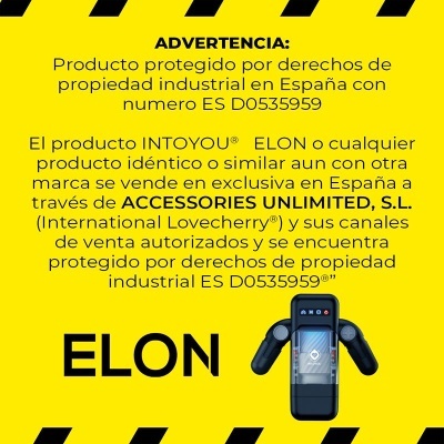 Aviso de direitos de propriedade industrial em fundo amarelo com imagem do produto ELON preto.