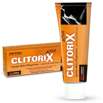 Creme genital activo CLITORIX em embalagem e tubo laranja com texto e imagem de corpo feminino