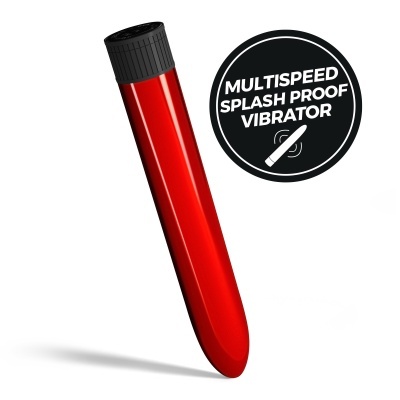 Vibrador vermelho com tampa preta e selo preto com texto branco