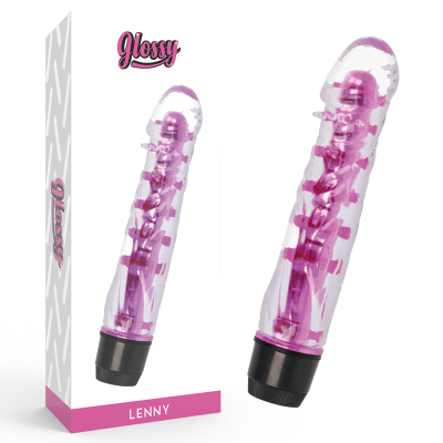 Vibrador rosa translúcido com base preta e caixa branca com texto Glossy e Lenny