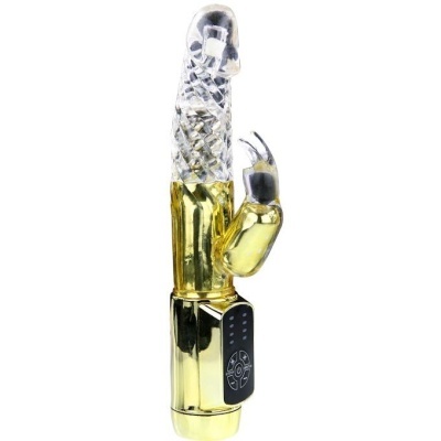 Vibrador dourado e transparente com painel de controlo e appendice em forma de coelho