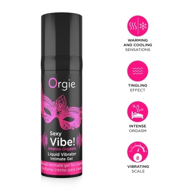 frasco preto de gel íntimo Orgie com máscara rosa e texto e ícones explicativos