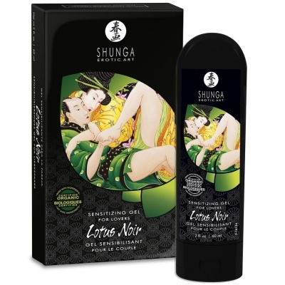 Gel sensível para casais Lotus Noir da marca Shunga com ilustração de casal em estilo oriental.