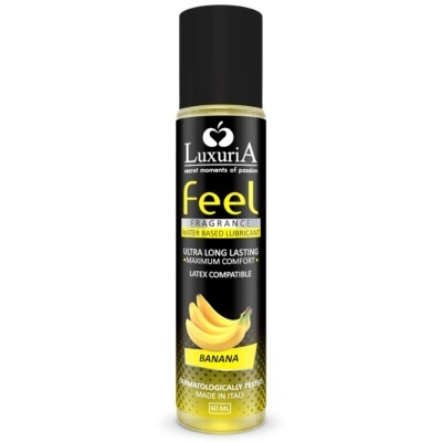 Frasco de lubrificante com fragrância de banana Luxuria, 60 ml, embalagem preta e amarela.