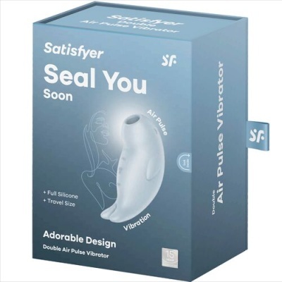 Caixa azul do vibrador Satisfyer Seal You Soon com descrição e ilustração