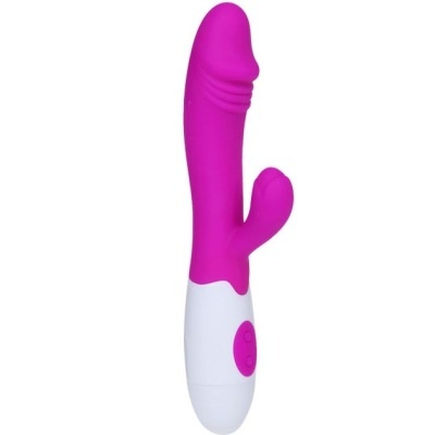 Vibrador roxo de silicone com base branca e botão roxo sobre fundo branco