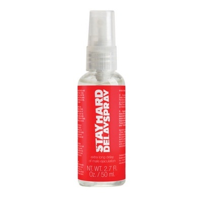 Frasco spray transparente com rótulo vermelho e texto branco