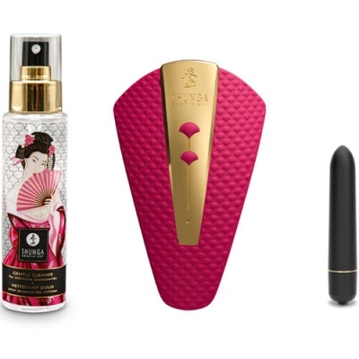 Três produtos Shunga com frasco de spray, dispositivo rosa texturizado e vibrador preto sobre fundo branco