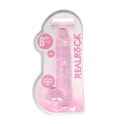 Dildo cor-de-rosa translúcido com ventosa em embalagem branca com texto rosa