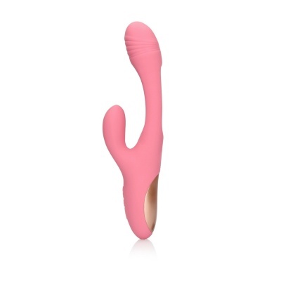 Vibrador silicone rosa com duas pontas e base dourada