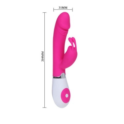 Vibrador rosa com base branca e botão circular rosa, medindo 204mm de altura e 31mm de largura