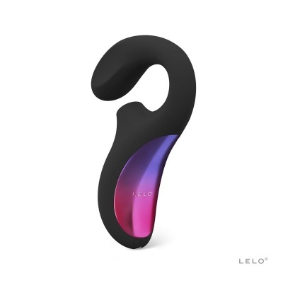 Vibrador curvo preto com detalhe em roxo e rosa metálico da marca LELO