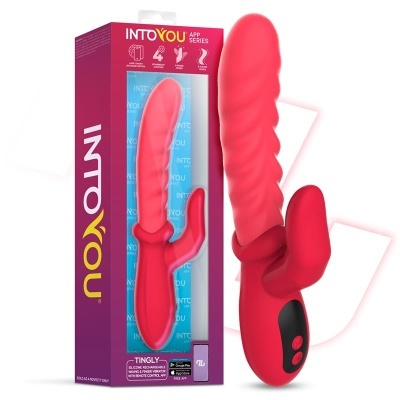 Vibrador de silicone vermelho com textura e embalagem roxa INTOYOU