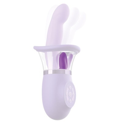 Vibrador lilás com acessório roxo e controle de botões em fundo branco