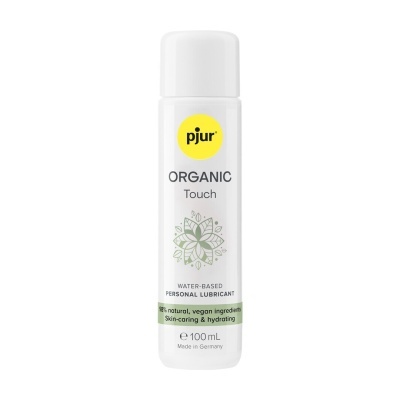 Frasco de lubrificante pessoal pjur Organic Touch branco com rótulo e texto