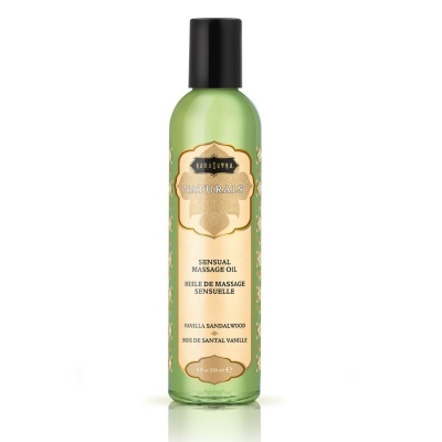 Frasco verde de óleo de massagem Kama Sutra Naturals com tampa preta