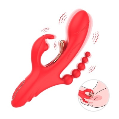Vibrador vermelho com várias partes e ilustração de uso