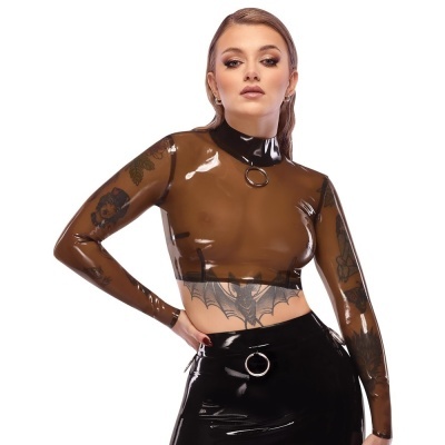 Blusa transparente castanha de manga comprida com gola alta e anel metálico