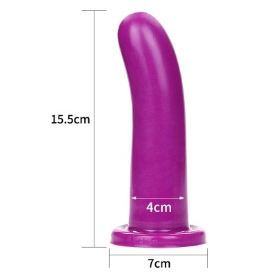 Produto em silicone roxo curvado com medidas destacadas.