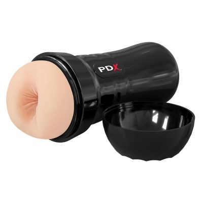 Masturbador masculino preto com extremidade cor de pele e tampa removida