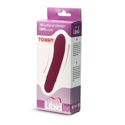 Embalagem roxa e branca com vibrador vermelho escuro TOMMY e texto informativo.