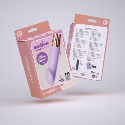 Embalagens de vibradores mini em silicone roxo com acabamento dourado com texto descritivo