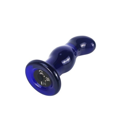 Plug anal de vidro azul escuro com duas esferas e base larga