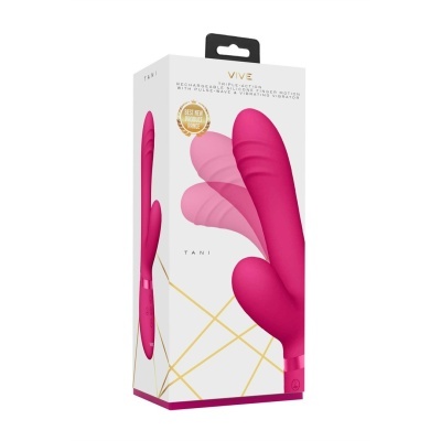 Embalagem de vibrador rosa em silicone com texto e selo em fundo branco com detalhes dourados