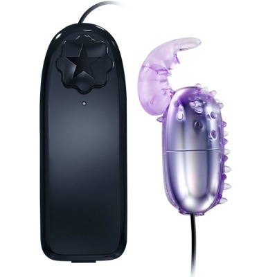 Vibrador roxo translúcido com textura e comando preto com botão estrela.
