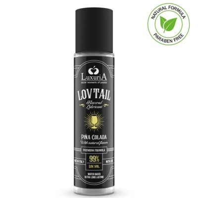 Frasco de lubrificante aromatizado Piña Colada LuxuriA preto com texto branco e amarelo