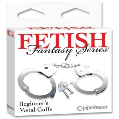 Caixa do produto com algemas de metal prateadas e duas chaves pequenas em fundo branco