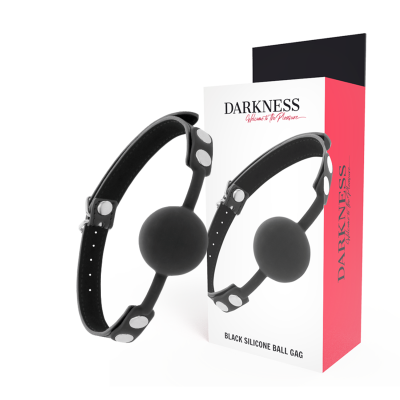 Gag bola preta de silicone com correia preta ajustável em caixa branca e rosa com texto DARKNESS