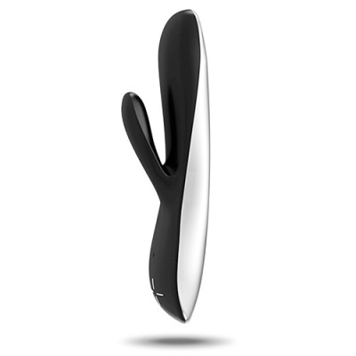 Vibrador preto e prata com duas pontas e botões na base