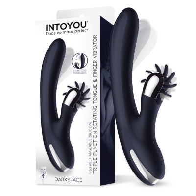 Vibrador preto em silicone com língua rotativa e função de dedo vibratório junto da sua embalagem