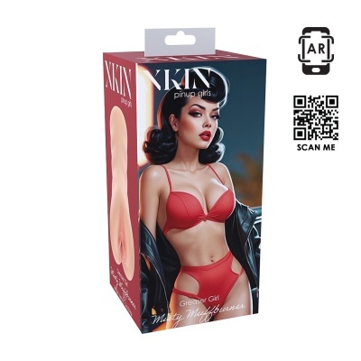 Caixa vermelha com mulher em lingerie vermelha, texto XKIN pinup girls e código QR