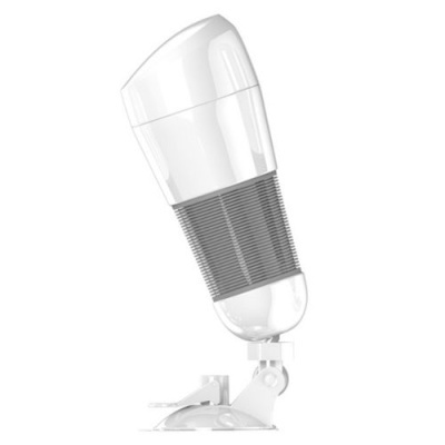 Recipiente branco de plástico com faixa cinza e base fixadora.