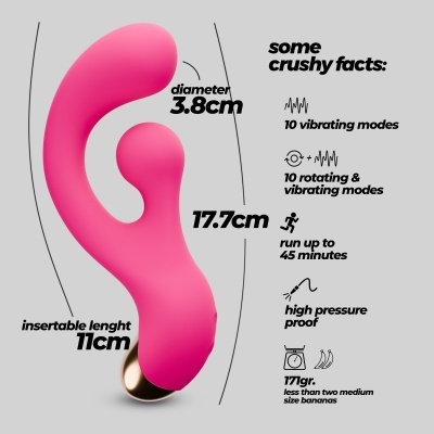 Vibrador rosa com detalhes dourados e texto explicativo das características