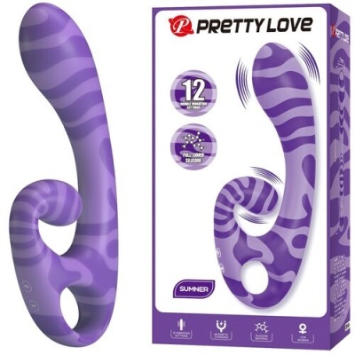 Vibrador roxo com padrões lilás e embalagem Pretty Love