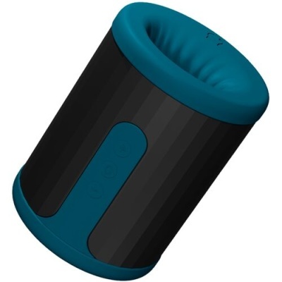 Produto cylindrical preto com detalhes azuis e três botões no lado