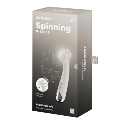 Embalagem de vibrador Satisfyer Spinning G-Spot 1 cinza e preto com texto branco e imagem do produto branco.