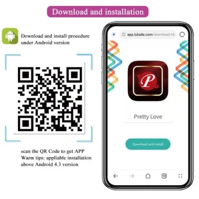Imagem com código QR e smartphone mostrando página de download da app Pretty Love