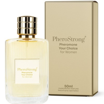 Frasco de perfume PheroStrong e embalagem bege com texto