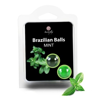 Embalagem de Brazilian Balls Mint com bolas verdes e folhas verdes