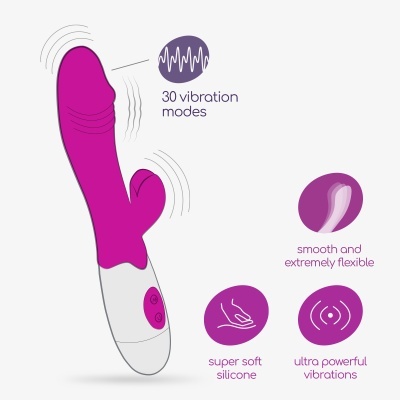 Vibrador roxo e branco com texto e ícones descrevendo modos e materiais