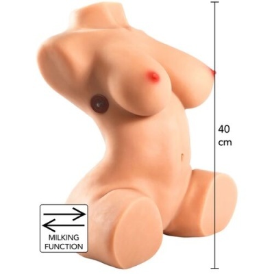 Torso feminino em material cor de pele com seios e função de ordenha