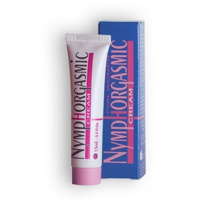 Tubo branco com tampa rosa e caixa azul com texto NYMPHORCASMIC CREAM