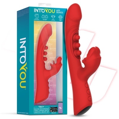 Vibrador vermelho com embalagem azul e amarela