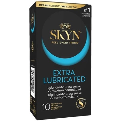 Caixa preta de preservativos SKYN Extra Lubricated com texto e selo