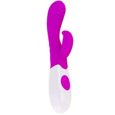 Vibrador roxo e branco com botão e textura na ponta.