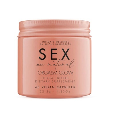 Frasco rosa claro de suplemento dietético Sex au naturel Orgasm Glow.